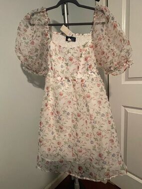 Blue Rain Cream Dress with Pastel Floral Print and Puff Sleeves